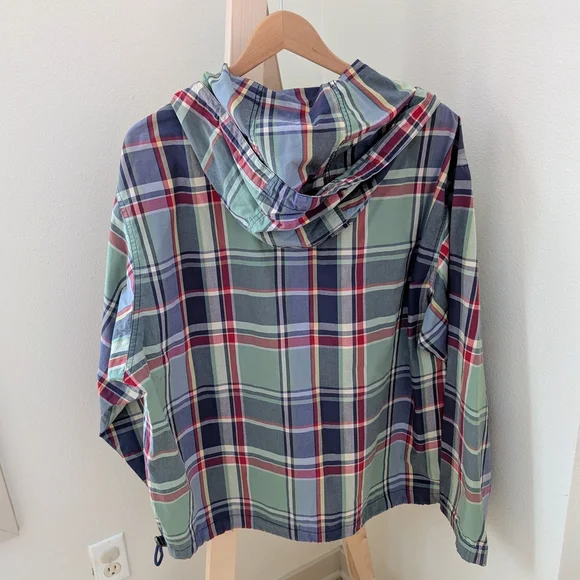 Vintage Eddie Bauer Plaid Hooded Quarter Zip Windbreaker Jacket In Green/Navy - Picture 5 of 6